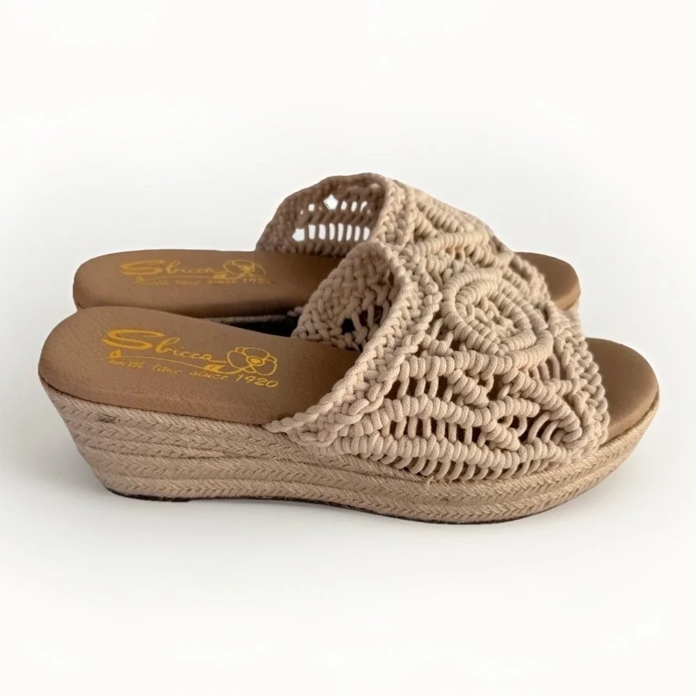 Sbicca Eureka Macrame Wedge Natural Beige Espadrille Size 9M Women Slide Sandals